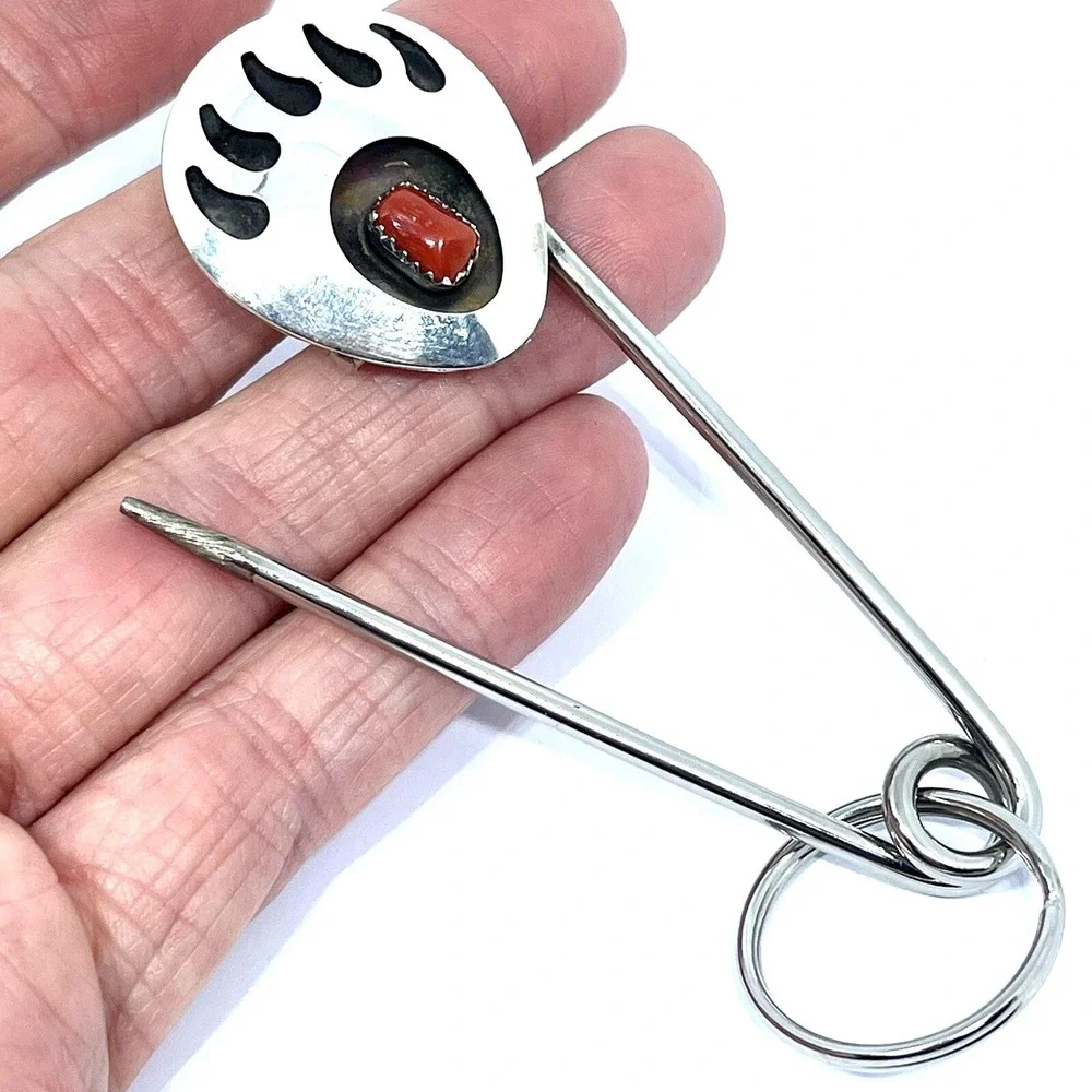 Giant Safety Pin Keyring Bear‎ Paw Print Coral Key Chain Navajo 4in Native USA